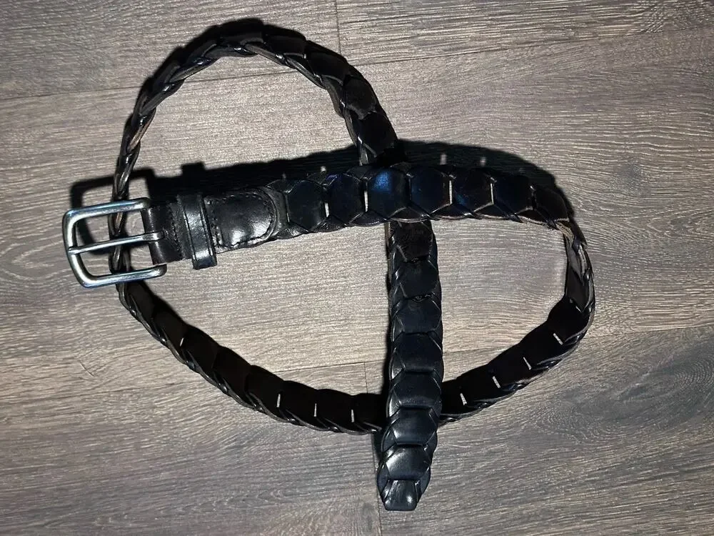 Structure Y2K Black Leather Chain Braided Leather Belt Solid Brass Buckle SZ 38
